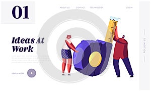 Home Renovation Diy Tool and Repair Service Website Landing Page. Tiny Man and Woman Holding Huge Measuring Tape