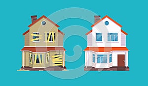 Home renovation. House before and after repair. New and old suburban cottage. Isolated vector illustration