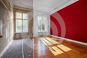 Home renovation - old apartment room during restoration or refurbishment photo