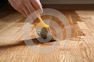 Home renovation parquet. Varnish paintbrush strokes on a wooden parquet