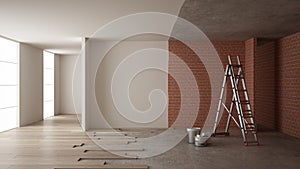 Home renovation, restructuring process, repair and wall painting, construction concept. Brick and painted walls, parquet floor,