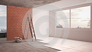 Home renovation, restructuring process, repair and wall painting, new house construction concept. Brick and painted walls, floor, photo