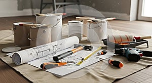 Home Renovation Tools and Blueprint Concept