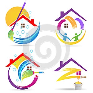 Home cleaning service logo house renovation painting maintenance improvement vector symbol icon design.