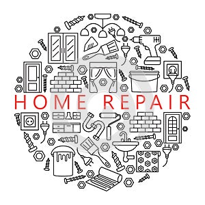 Home repair circle template with flat line icons. Concept for web banners and printed materials