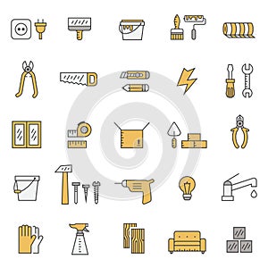 Home repair and construction outline gray and yellow vector icons set. Minimalistic design.