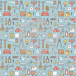 Home repair and construction outline vector seamless pattern.