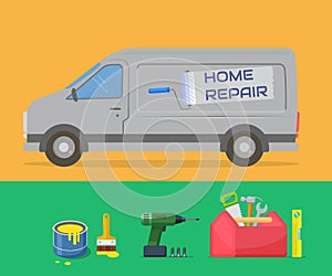 Home repair. Design template for the repair service. Van and tools