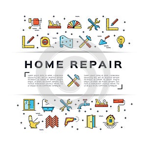 Home repair flyer Construction icon. House remodel thin line art icons. Vector flat illustration