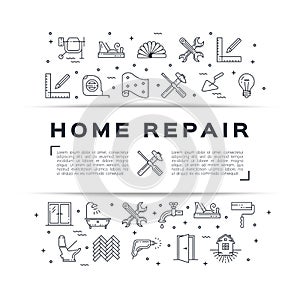 Home repair flyer Construction poster. House remodel thin line art icons. Vector