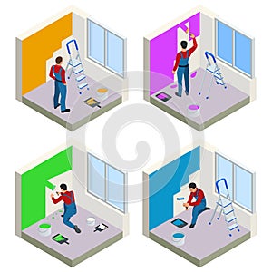 Home repair isometric concept set with workers, tools, equipment isolated on white. Building, construction and home