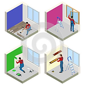 Home repair isometric concept set with workers, tools, equipment isolated on white. Building, construction and home