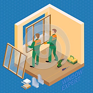 Home repair isometric template. Repairers hold a window.