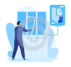 Home repair, man fix window construction vector illustration. Handyman worker in house, glass work service by person