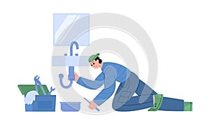 Home repair with plumber fixing sink pipes, flat vector illustration isolated.