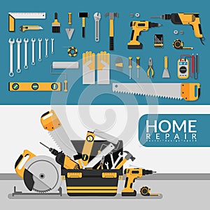 Home repair service template with set of DIY home repair working tools. home repair service consulting, renovation & construction