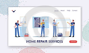 Home Repair Services Landing Page Template. Handyman Fixing Sink in Bathroom, Workers Characters Install Window
