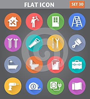 Home Repair and Tools Icons set in flat style with long shadows.