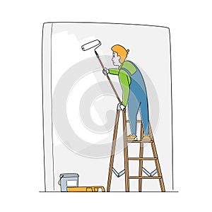 Home Repair Worker Character Painting Wall with Roller. Professional Construction Master in Uniform Overalls on Ladder