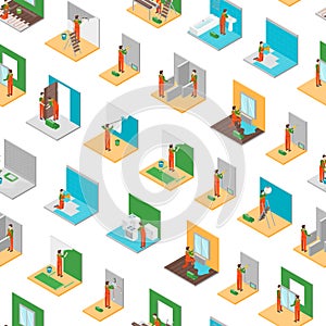 Home Repair Worker People 3d Seamless Pattern Background Isometric View. Vector