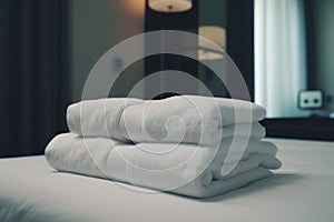 home resort service white fresh luxury room bed hotel towel. Generative AI.