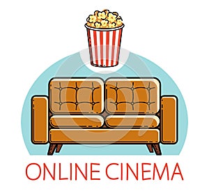 Home rest online cinema sofa and popcorn vector emblem or illustration isolated on white, stay home concept, family weekend, watch