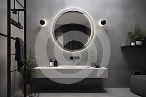 home room gray interior concrete mirror bathroom sink decor luxury design. Generative AI.