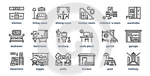 Home rooms line icons. Living room bedroom kitchen bathroom simple outline pictograms. Vector home furniture set photo