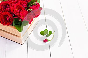 Home roses in a wooden box on a white wooden table. With copy space