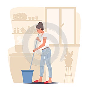 Home Routine, Household Duties in Living Room. Young Woman Doing Domestic Work, Cleaning Floor with Mop, Chores