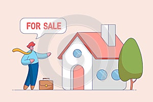 Home for sale concept. Selling house moving to new home, owner or realtor stands near the Sale Sign in front of the