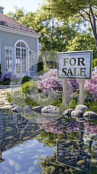 Home For Sale Real Estate Sign and Beautiful New House.