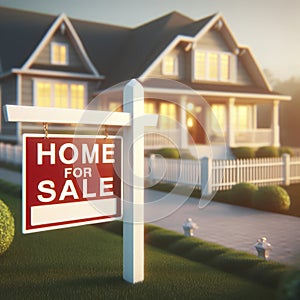 Home For Sale Real Estate Sign In Front of House on blure background. ai generative