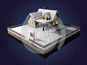 Home for sale realestate sign. Snow-covered cottage on a piece of earth. Christmas cabin at night. 3D illustration.