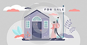 Home for sale vector illustration. Buy house in flat tiny persons concept.
