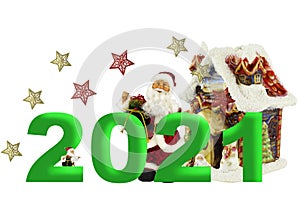 Home and Santa Claus for the number 2021 green and multicolored stars, Christmas and New Year