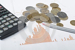 Home savings, budget concept. Chart. pen, calculator and coins on wooden office desk table