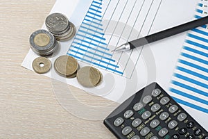 Home savings, budget concept. Chart. pen, calculator and coins on wooden office desk table