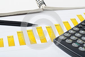 Home savings, budget concept. Chart. pen, calculator and notepad on wooden office desk table