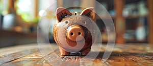 Home Savings Focus: A Piggy Bank on Table. Concept Financial Planning, Savings Goals, Money