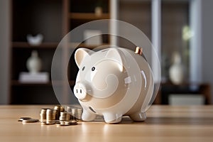 Home savings white piggy bank signifies money saved for a house