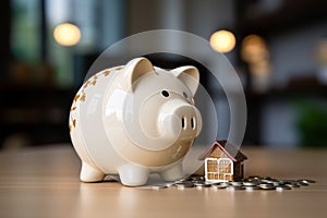 Home savings white piggy bank signifies money saved for a house