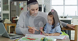 Home school, father and child drawing, learning and teaching kid at table. Art, education and creative girl with dad to