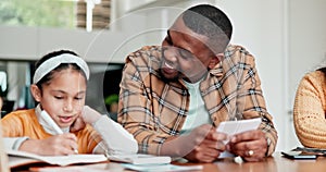 Home school father, notebook or child learning, practice lesson and writing notes, homework or info. Dad, talk or family