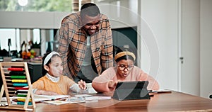 Home school father, tablet or children learning, typing web search or check online elearning homework. Family dad help