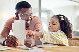 Home school, learning and father helping his child with flash cards, homework or studying. Education, knowledge and