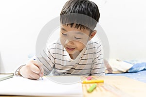 Home school and new normal lifestyle concepts.Asian boy studying through online media and do homework at home due to social