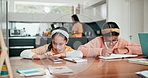 Home school sisters, phone and children notebook notes, writing homework info and typing internet search. Learning