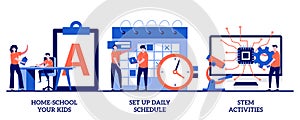 Home-school your kids, set up daily schedule, STEM activities concept with tiny people. Remote home education abstract vector