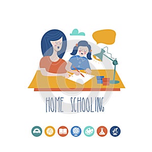 Home schooling. The concept of getting a good education at home. Vector illustration in flat style. photo